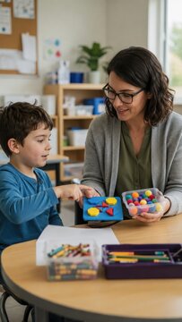 Woman and child engaged in creative activity at a table, showcasing colorful shapes and materials in a bright classroom environment
