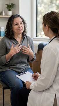 Middle-aged woman with curly hair engages in conversation with a healthcare professional in a modern office setting, discussing health concerns and treatment options