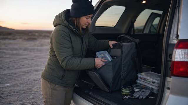 Woman organizing fishing gear in a gray backpack inside the open trunk of an SUV, with a desert landscape and sunset in the background