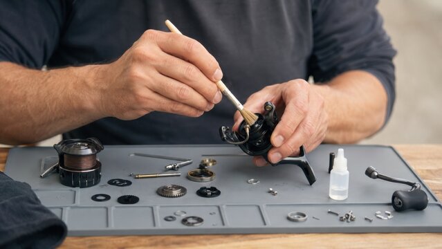 Man cleaning fishing reel components with a brush on a gray work mat, surrounded by various fishing gear parts and tools on a wooden table