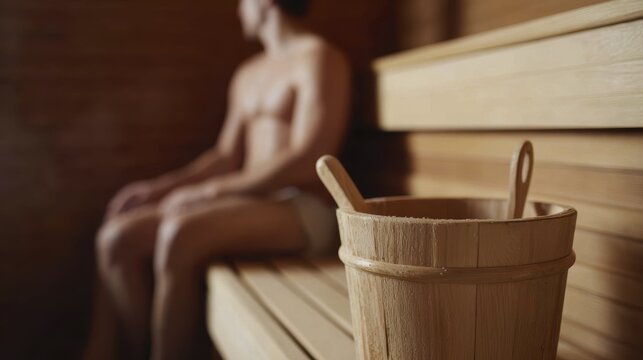Relaxing sauna experience with a wooden bucket and gentle lighting ambiance