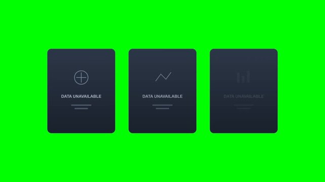 Three dark UI cards with data unavailable message and analytics icons on chroma key green screen