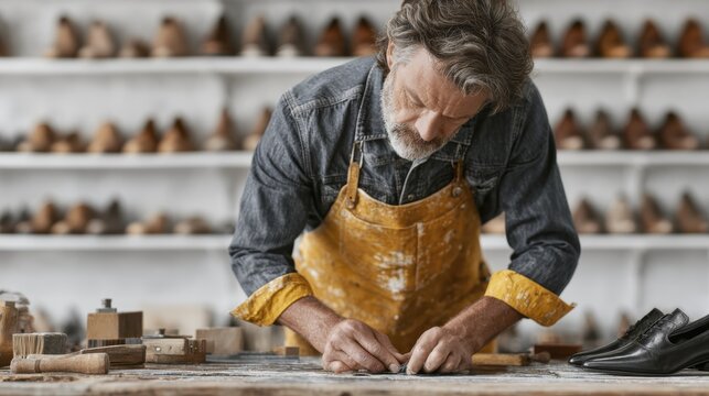 Skilled artisan crafting leather shoes in workshop with focused precision