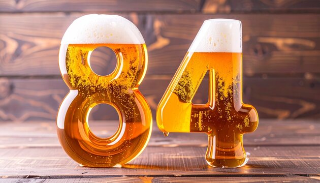 Beer Typography &mdash; Number 84 with Bubbles and Foam on Wooden Background