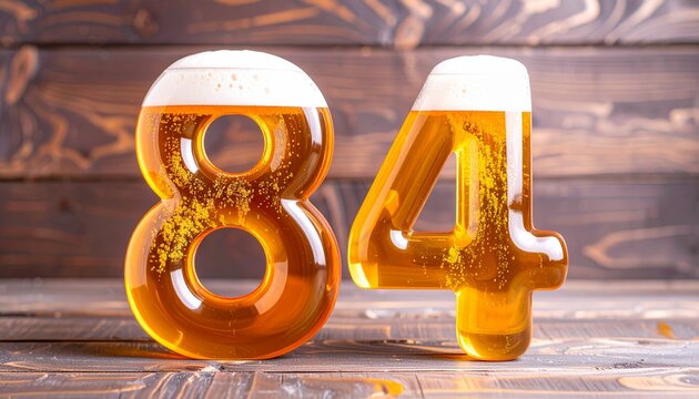 Beer Typography &mdash; Number 84 with Bubbles and Foam on Wooden Background