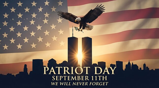 Patriot day September 11th memorial 9 11 twin towers skyline silhouette american flag waving with eagle holding olive branch at sunset.