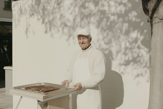 Smiling street vendor selling grilled sausages outdoors in sunlit urban setting
