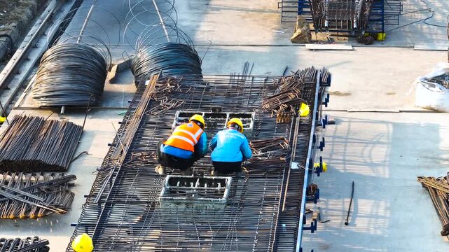 Construction workers tying rebar on concrete deck at industrial construction site