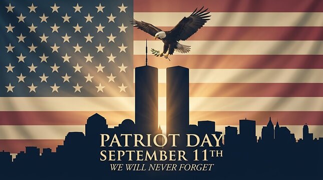 Patriot day September 11th memorial 9 11 twin towers skyline silhouette american flag waving with eagle holding olive branch at sunset.