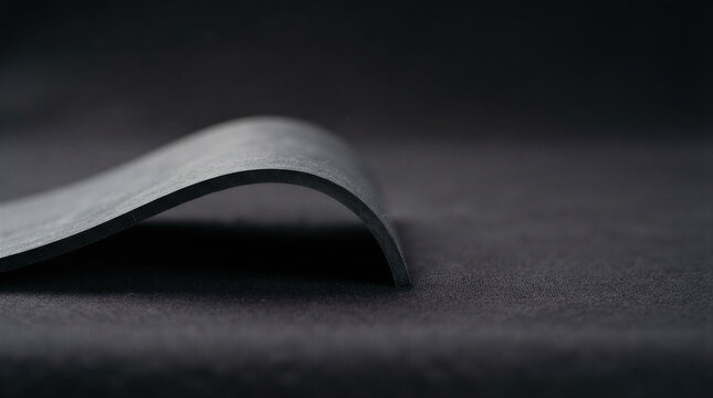 Curved black rubber sheet bending on dark surface. Flexible elastomer material demonstrating elasticity and durability. Industrial manufacturing sample for insulation and engineering concept