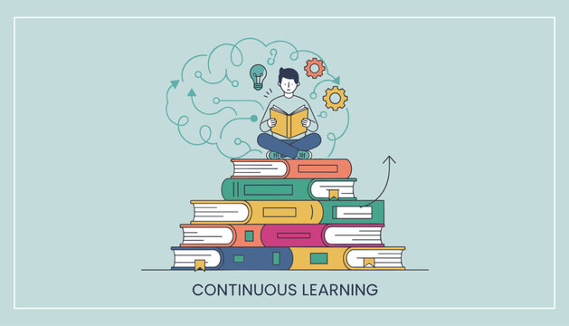 Student sits atop a stack of colorful books with brain graphics to demonstrate continuous learning and academic growth.