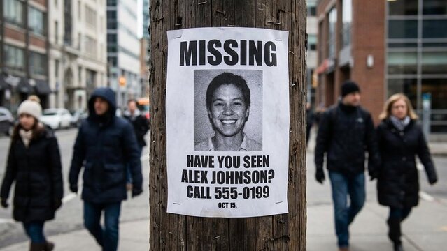 Missing person flyer displayed on a brick wall, conveying urgency and community concern, vital for local awareness campaigns, useful for crime awareness media