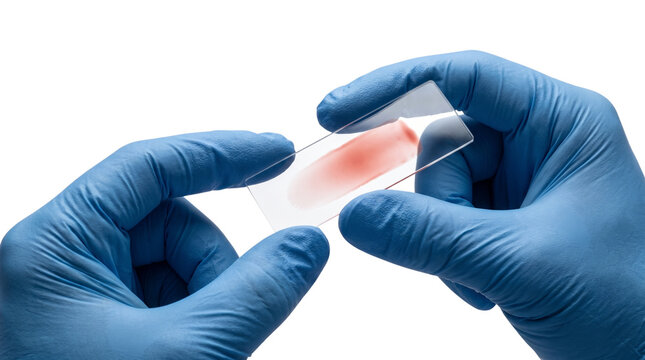 Scientific microscope slide with blood sample, gloved hands holding laboratory glass, medical research and hematology testing
