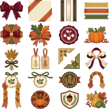 Vintage Thanksgiving design elements, autumn harvest vector set with 20 icons, rustic fall ribbons and pumpkin labels for holiday cards Halloween editable eps