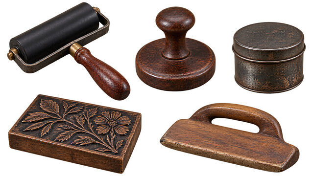 Vintage Printmaking Workshop Tool Set with Five Traditional Artisan Objects