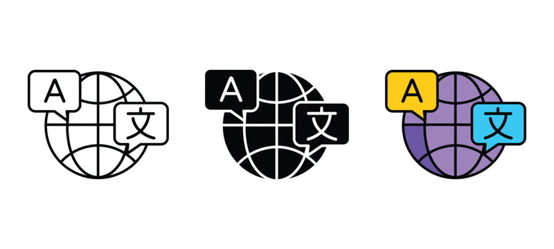 Global Language Translation Icons: A set of three stylized icons depicts the concept of language translation, with a globe and speech bubbles containing A and Chinese characters.