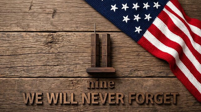 Model of twin towers and American flag draped on rustic wooden surface for patriot day 9/11 anniversary remembrance.