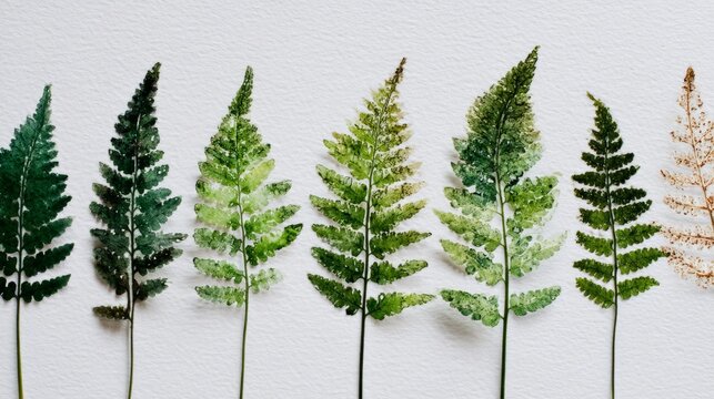 Green fern leaves imprint on white paper. Botanical ink print for eco branding and organic packaging design. Nature plant texture background with foliage pattern concept.