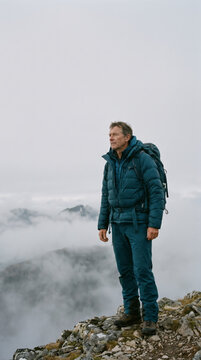 Solitary hiker gazing at misty mountain peaks from cloud covered summit ridge