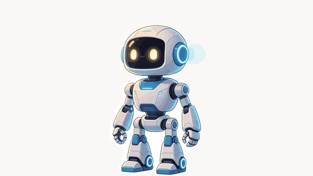 Cute white and blue humanoid robot with glowing eyes, friendly expression, standing pose on clean background