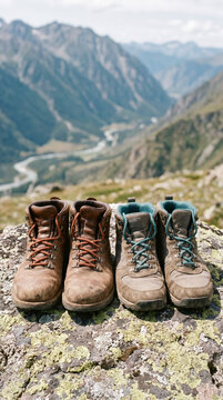 Weathered hiking boots resting on rock overlooking scenic mountain valley trail