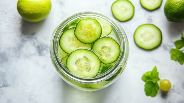 Fresh cucumber slices soaking in cold water inside a clear glass jar placed on a bright marble surface next to whole lime and herbs.