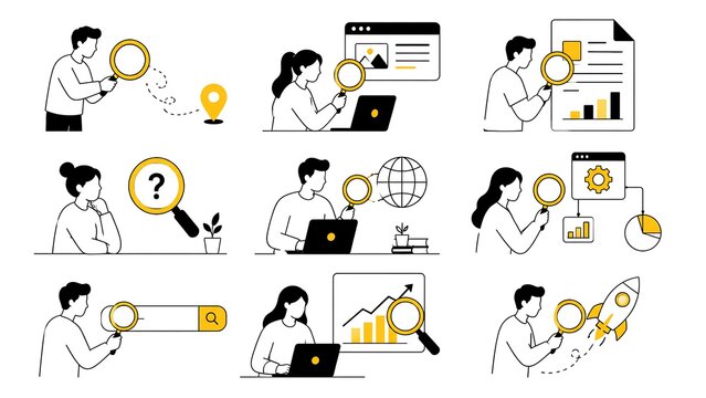 Minimalist, black-and-white characters with yellow magnifying glass, find, research, SEO and investigate on white background