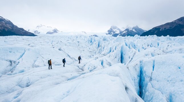 Roped climbers trekking across vast crevassed glacier beneath snowy peaks