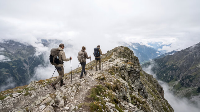 Determined hikers trekking along misty mountain ridge with trekking poles