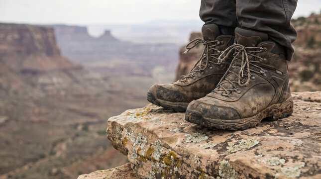 Muddy hiking boots resting on rugged ledge above sweeping canyon panorama