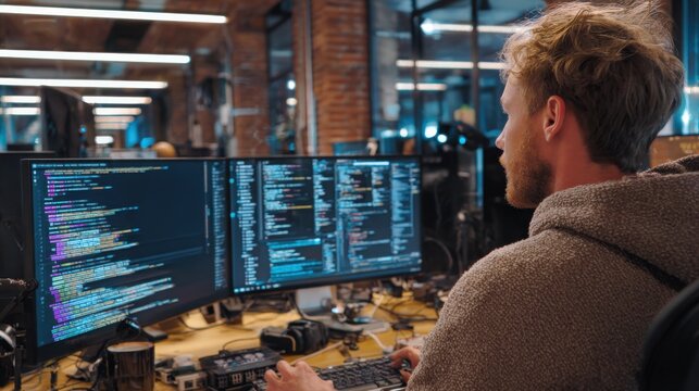 Software developer with blonde hair sits at a desk in a modern loft office, writing code on dual curved monitors during a late-night programming session.