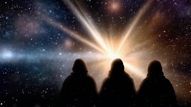 Three figures stand silhouetted against a dazzling cosmic expanse, gazing at a brilliant starburst of light. ..Created with Generative AI, not depicting real subjects.