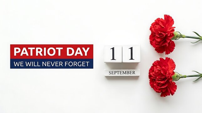 Patriot day remembrance with carnations and calendar block for September 11th memorial and solemn commemoration event.