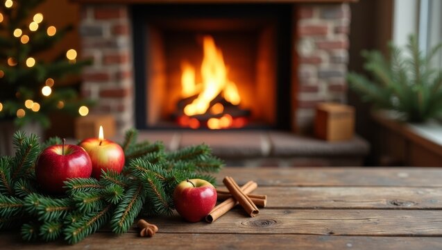 Yule wreath with red apples and cinnamon sticks arranged on a wooden table in front of a cozy fireplace with a glowing fire and Christmas tree in the background