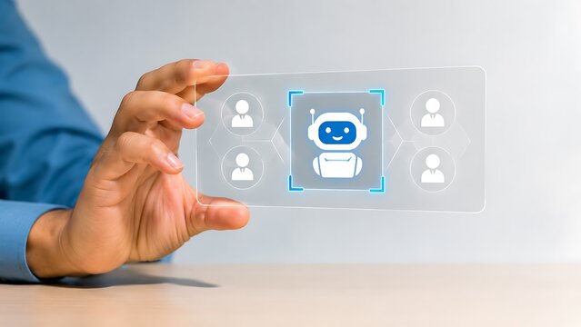 Hand holding futuristic interface with chatbot icon and user profiles