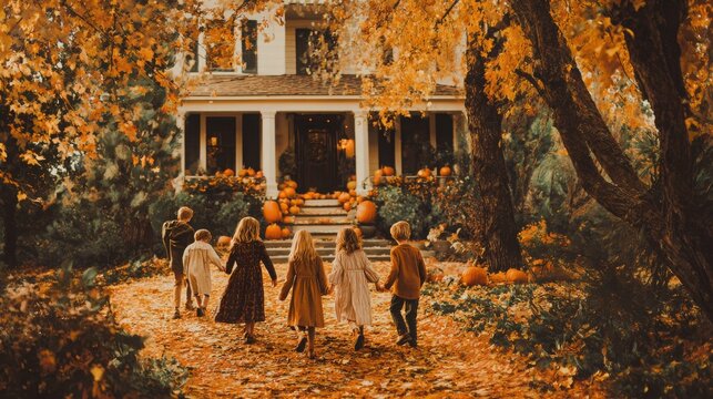 Children hold hands while walking down a path covered in golden autumn leaves towards a large decorated house.