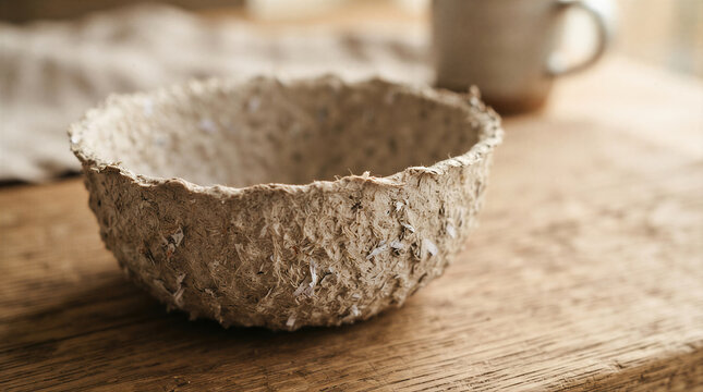 Handmade recycled paper mache bowl on wooden table. Sustainable eco friendly craft and zero waste concept. Biodegradable material for environment protection and circular economy