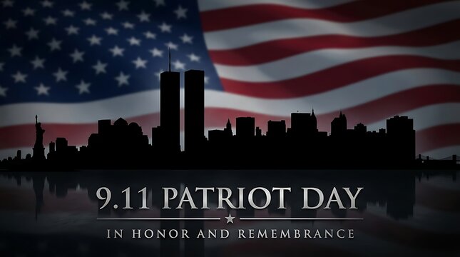 Patriot Day 9.11 remembrance graphic featuring New York City skyline silhouette against American flag and Twin Towers.