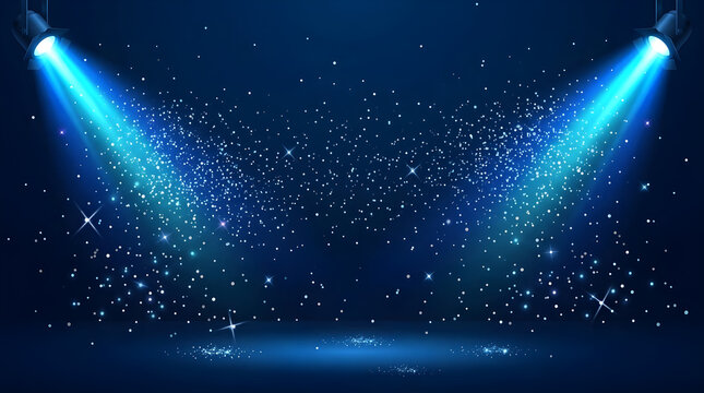 Blue spotlight stage background, glowing theater lights with sparkling particles, cinematic show performance backdrop