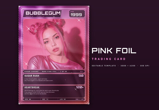 Pink Y2K Holographic Trading Card Template - Single Hue Foil Card Maker, Editable