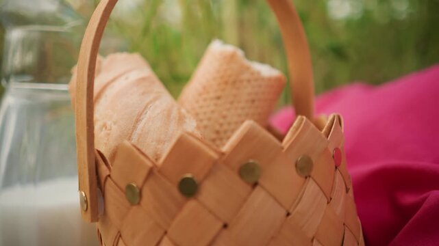 Close up of hand reaching into woven wooden basket filled with bread rolls highlighting texture and detail of both food items and container. background features soft greenery and pink fabric