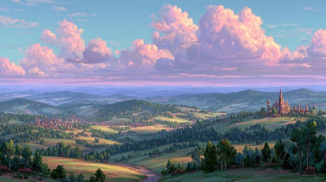 Anime style landscape of a fairytale castle and rolling green hills under pink clouds at sunset