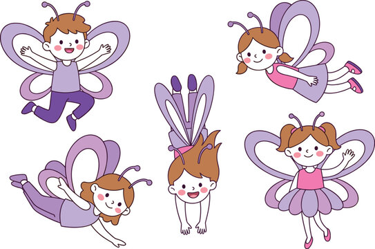 Cute Kids with Butterfly Wings Vector Character Set Flying and Jumping for Whimsical Fairy Tales, Nursery Decor, and Children Book Illustrations