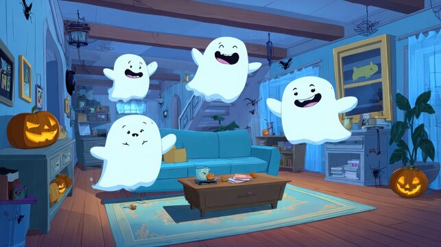 Cute cartoon ghosts float happily around a cozy living room decorated with glowing jack-o-lantern pumpkins for Halloween night celebration.