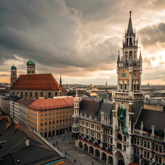Obraz premium old town hall surrounded by buildings under a cloud