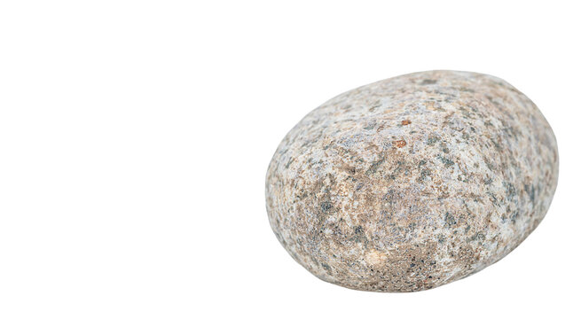 Gray, round, oval, natural river granite stone with a heterogeneous composition and spotted inclusions, isolated on a white background with a cropped outline. Empty space for text