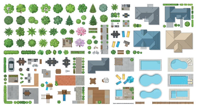 Aerial view vector collection of trees buildings and landscaping elements