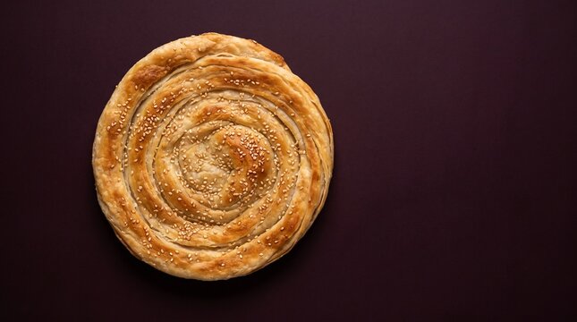 Swirl bread with sugar coating sits on a dark plum background.