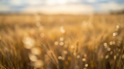 Naklejka premium Golden wheat field glows under soft sunset light in a rural landscape. The blurred stalks create a textured background with warm bokeh highlights and natural depth of field.