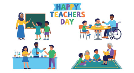 Fototapeta premium Diverse teachers and students in classroom scenes a vector illustration